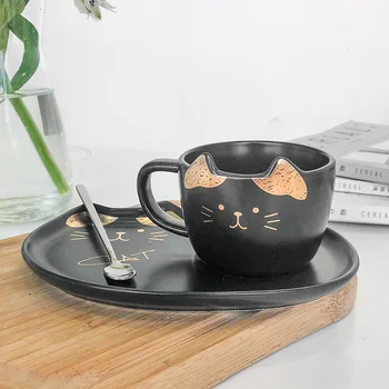 

Cute Cartoon Cat Gold Drawing Ceramic Mug Saucer Set with Spoon Tray Milky Coffee Cup Dessert Plate Creative Korea Breakfast Mug