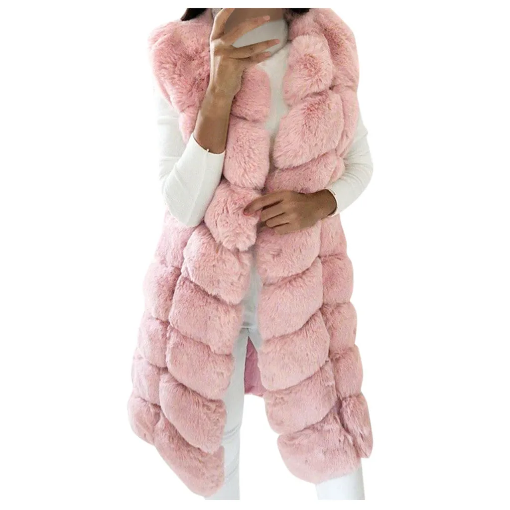 Зимняя женская жилетка без рукавов из искусственного меха, пальто размера плюс 4XL, роскошная теплая Женская жилетка из лисы, пальто, женская серая шикарная куртка для девушек - Цвет: Pink