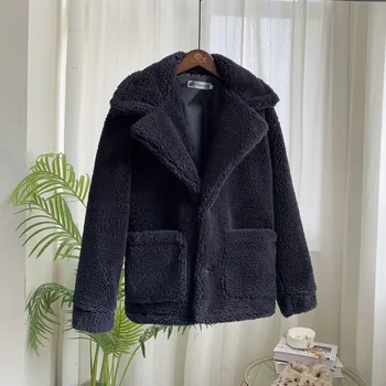 

Winter Warm Coats And Jackets Women 2019 Loose Teddy Coat Casual Lapel Thicken Faux Fur Coat Solid Color Pockets Outwear Jackets