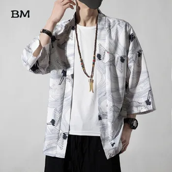 

Chinese Style Hanfu Men Ancient Style Tang Suit Fashion Cardigan Summer Short Sleeve Jacket 2020 Crane Oversized Loose T Shirt