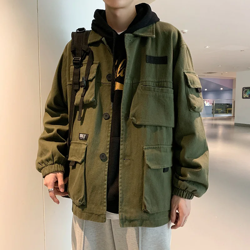 

Autumn New Tooling Jacket Men Fashion Washed Solid Color Casual Multi-pocket Jacket Man Streetwear Hip-hop Loose Bomber Jacket