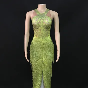 

Neon Green Fringes Long Dress Big Stretch One Piece Tassel Dance Outfit Wear Nightclub Bar Show Evening Birthday Celebrate Dress