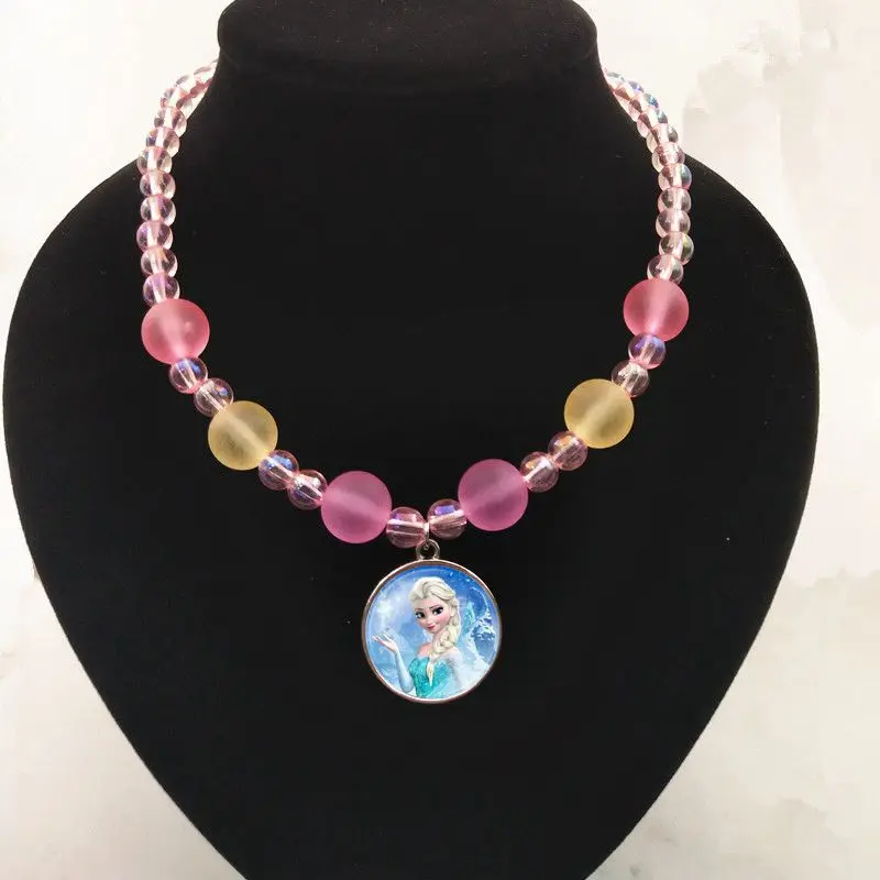 Pink 5 Crystal Cabochon Princess Elsa Anna Snow Queen Pendant Necklace For Girls Cartoon Dolls Bead Necklace For Kid's Birthday Gift - Metal Color: Pink 5