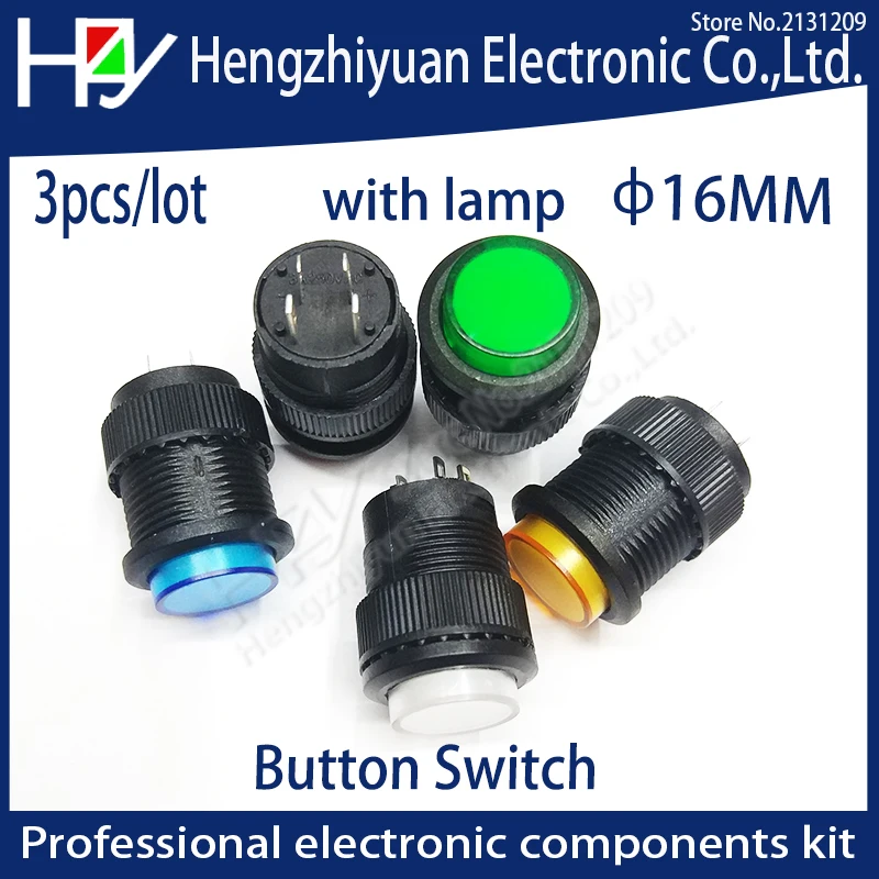 Hzy 16mm Self-locking push button switch with LED ON-OFF blue Green Red Yellow with lamp recovery button switch 3A125V AC 4 pins