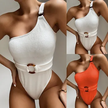 

KUKAKEY Sexy New Solid Swimsuit One Shoulder Swimwear Women Monokini Ribbed Bodysuit Vintage Swimsuit Female Bathing Suit