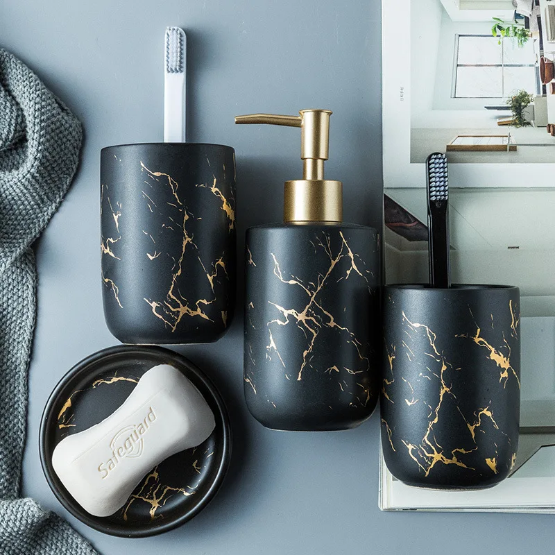 

Nordic Light Luxury Marble Pattern Bathroom Ceramic Lotion Bottle Soap Dish Toothbrush Holder Mouthwash Cup Creative Wash Set
