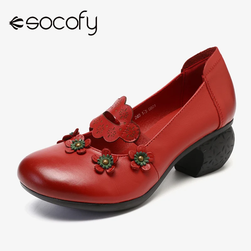 

SOCOFY Retro Splicing Florals Elastic Band Genuine Leather Chunky Heels Soft Shoes