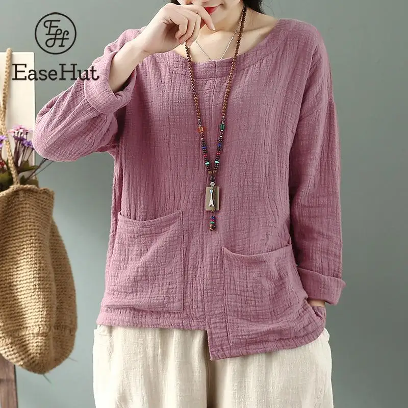 Женская хлопковая блузка с длинным рукавом EaseHut однотонная асимметричным