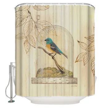 

Stuffed Birds Glass Leaves Plants Retro Paintings Art Wood - Textured Feathers Polyester Fabric Shower Curtain