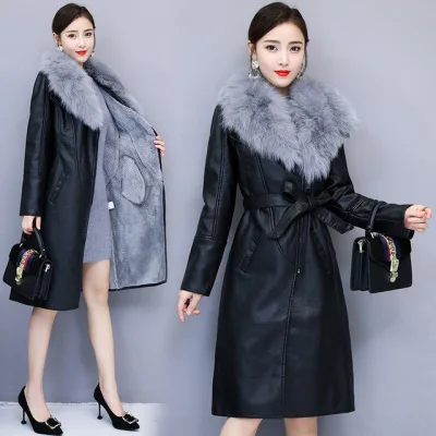 black gray fur Зимние женские пальто из искусственной кожи, вельветовые, толстые, корейский стиль, новинка, большие размеры, приталенная, с большим меховым воротником, куртка из искусственной кожи, V1210 - Цвет: black gray fur