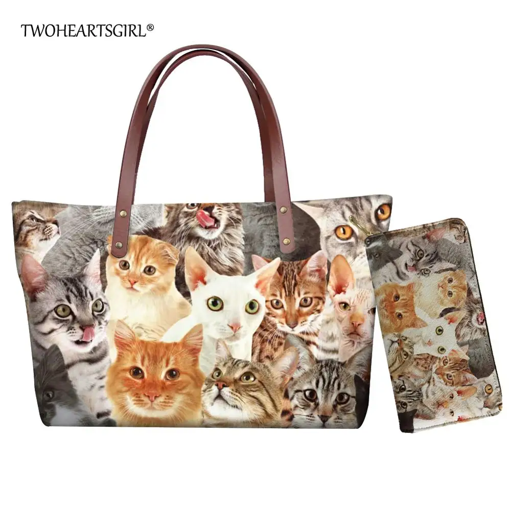 

Twoheartsgirl Luxury Cat Print Tote Bags for Women Neoprene High Capacity Female Handbags Personalized Top-handle Bags