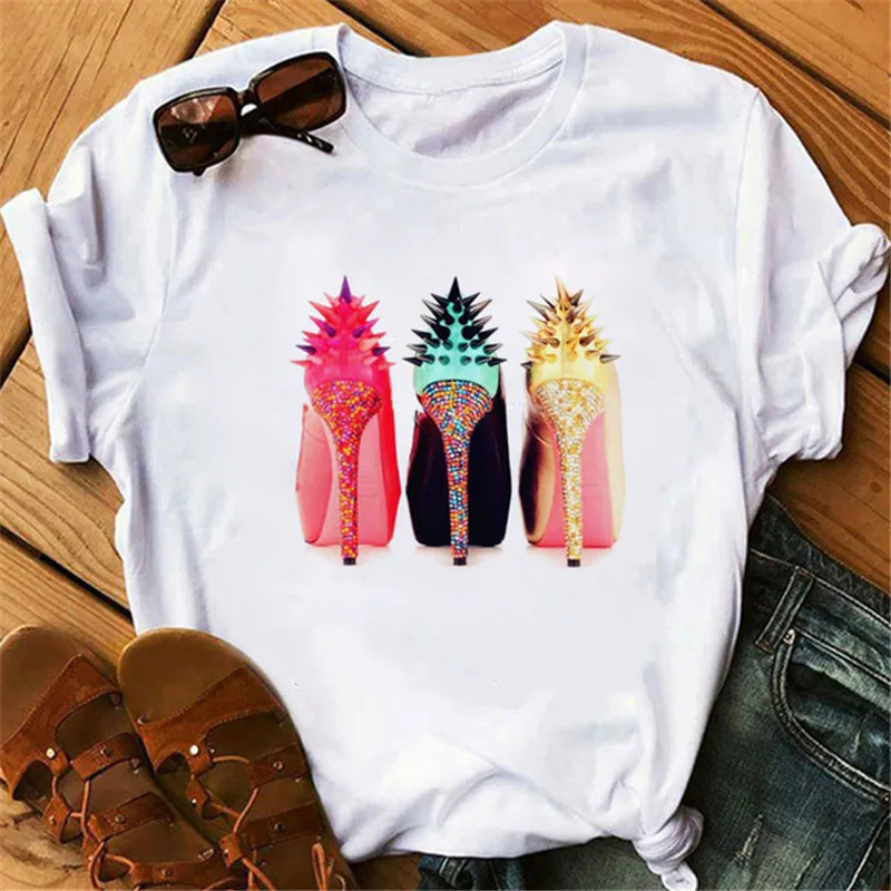 

Vogue High Heels Shoes Print T Shirt Women Short Sleeve O Neck Loose Tshirt Women Tee Shirt Tops Female Clothes Camisetas Mujer