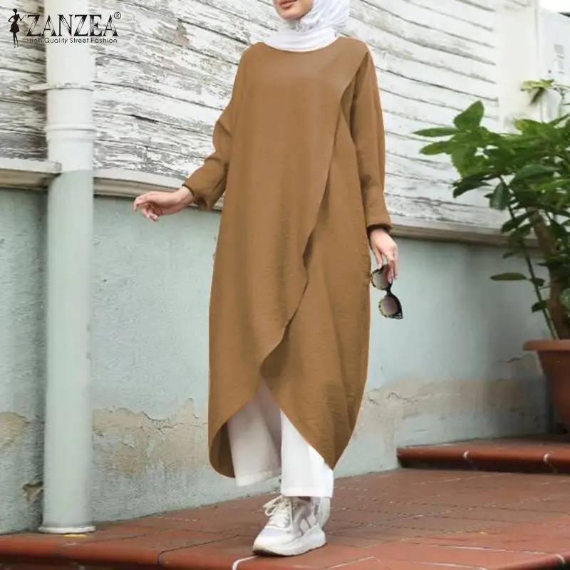 Retro Muslim Dress Womens Asymmetrical Sundress ZANZEA 2020 Casual Long Sleeve Maxi Vestidos Female O Neck Islamic Robe 5XL