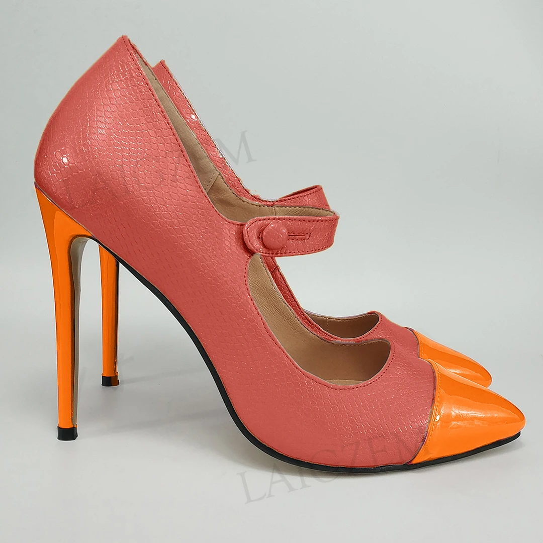 Red-Orange LAIGZEM/элегантные женские туфли-лодочки на шпильке в стиле пэчворк; Туфли Mary Jane на каблуке с острым носком; Salto; женские вечерние туфли-лодочки; большие размеры 45-47 - Цвет: Red-Orange