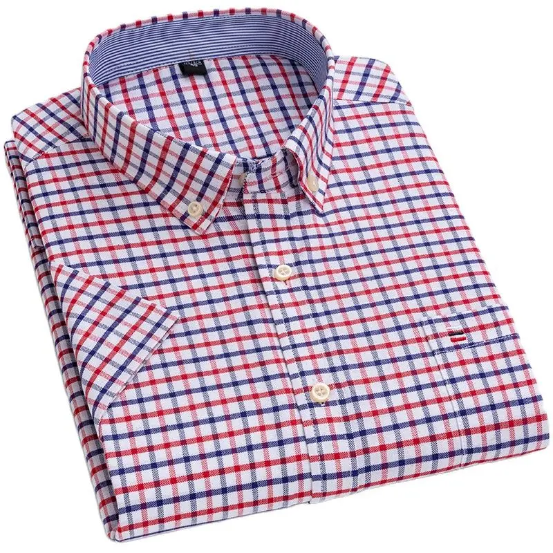 Men Oxford Short Sleeved Shirt 100% Cotton Regular Fit Causal Fashion Stripe Shirts Summer Printed Work Clothing cotton shirt men casual shirt