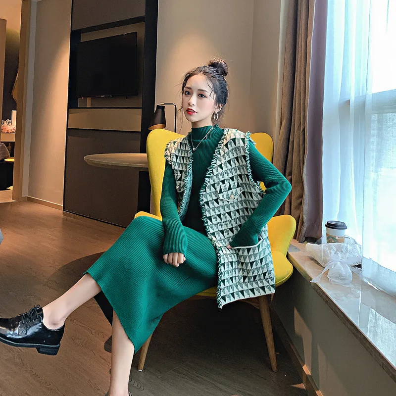 

Graceful Waistcoat-Style Set Early Autumn 2019 Korean-style Autumn New Style Elegant Young Sweater Dress Women's Two-Piece Set