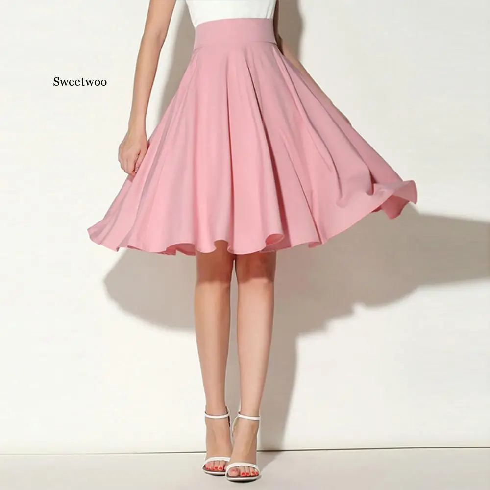 

Women skirt Summer Casual Solid Flared Retro Casual Knee Length Pleated Midi Office Work Skirt Daily