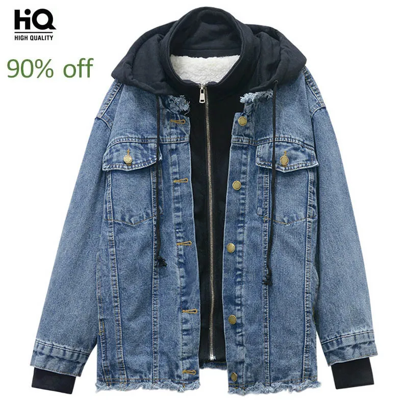 

Spring Faux 2 Piece Women Log Sleeve Loose Fit Denim Jacket Boyfriend Style Hoodie Fashion Casual Female Jacket Coats Streetwear