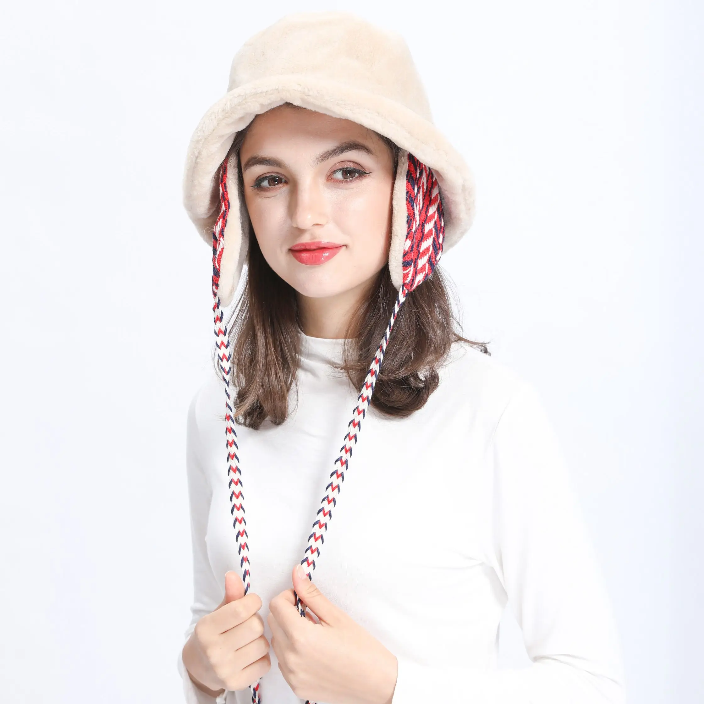 fashion-women-bucket-hat-custom-logo-wholesale-comfortable-faux-wool-fisherman-hat-with-earmuffs