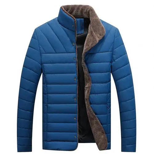 Sapphire Blue Winter Men Solid Color Stand Collar Long Sleeve Button Down Jacket Quilted Coat Men Casual loose plus velvet thick warm Outwear - Цвет: Sapphire Blue