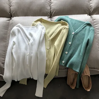 

2020 Spring Women Sexy Slim Cardigans Knitted V-Neck Pure Color Long Sleeve Women Summer Knitted Sweater Striped Cardigans