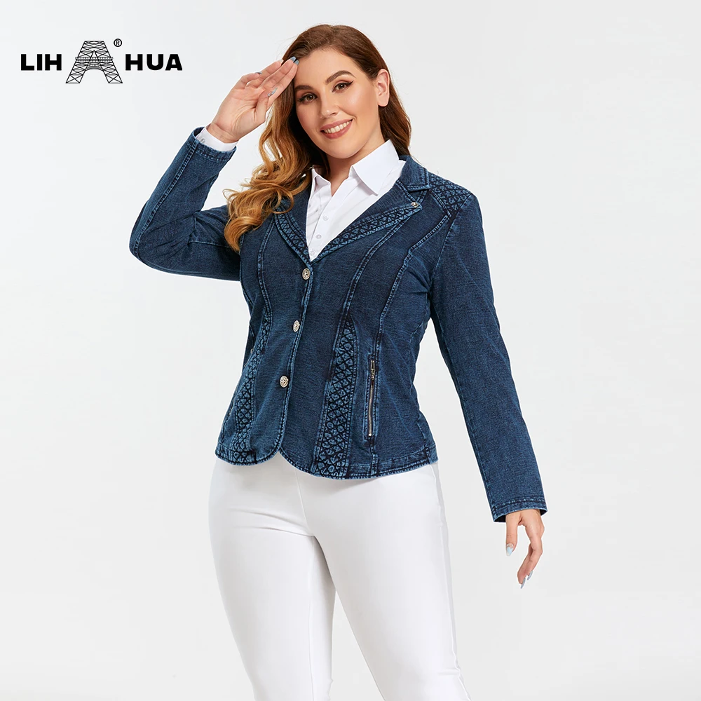 LIH HUA Women's Jacket Plus Size Casual Denim Premium Stretch Blouses Knitted Chaquetas |