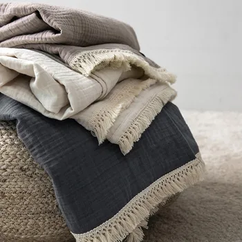 

Cotton Muslin Blanket with Tassel 4 Layers Summer Bed Sheet Bedspread Cotton Bath Towel Baby Receiving Blanket