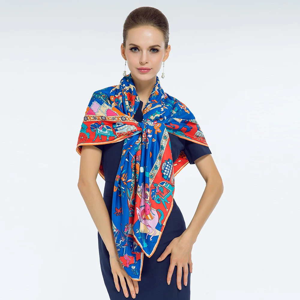 Большой шелковый шарф из Твила для женщин с принтом дерева квадратные шали на