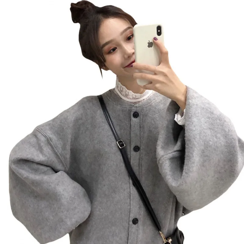 Осенняя Женская свободная куртка теплая Корейская Harajuku Кнопка Готическая женская верхняя одежда пальто Теплый кардиган серый цвет