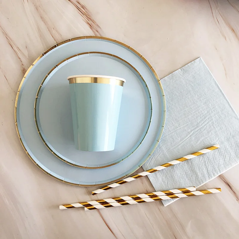 

64pcs/set Round Paper Disposable Tableware Plates Cups Napkins Wedding Decor Adult Anniversary Birthday Party Supplies