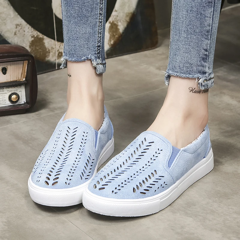 

Women Cut-outs Elastic Band Vulcanized Shoes Female Flock Slip-on Shallow Breathable Flat Casual Shoes Woman Plus Size