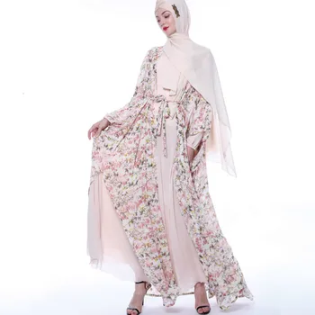 

Elegant Summer Floral Outside Robes Chiffon Cardigan Muslim Women's Large Swing Dress Open Kimono Thin Arab Abaya Dubai Turkish
