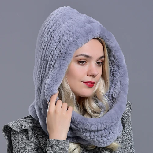 Шапка с капюшоном из кроличьего меха для женщин, зимняя теплая Новинка, вязаный меховой шарф, шапка, стильная модная Натуральная большая женская меховая шапка - Цвет: LightGrey