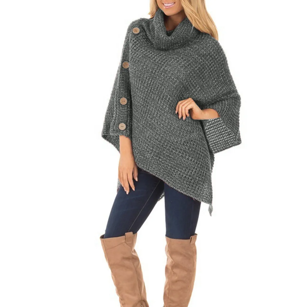 Women's Knitted High-neck Buttons Irregular Hem Pullover Sweaters Bottom Wear Loose Sweaters Warm And Comfortable