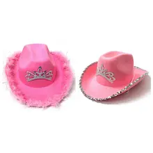 Wedding Costume Accessories Party Sequin Edge Western Cowgirl Feather Edge Cap Cowboy Hats For Adult