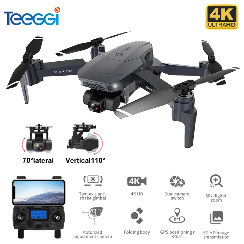 Teeggi-Dron SG907 PRO con GPS, cuadricóptero con cámara 4K HD, 5G, WiFi, cardán de 2 ejes, compatible con tarjeta TF, FPV, flujo óptico, RC, VS SG906