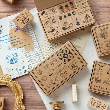 

10PCS/LOT Cute Bunny Bear And Lady Strawberry Wooden Stamps Pack DIY Journal Diary Decoration Supplies