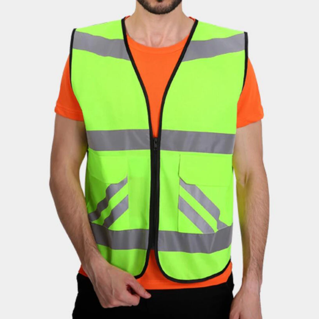 High Visibility Safety Vest with 2 Pockets, Reflective Strips and Zipper Style-A