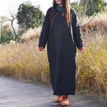  Johnature Women Vintage Cotton Linen Dresses O-Neck Long Sleeve Warm Robes Solid Color 2023 Autumn Winter New Loose Dresses 