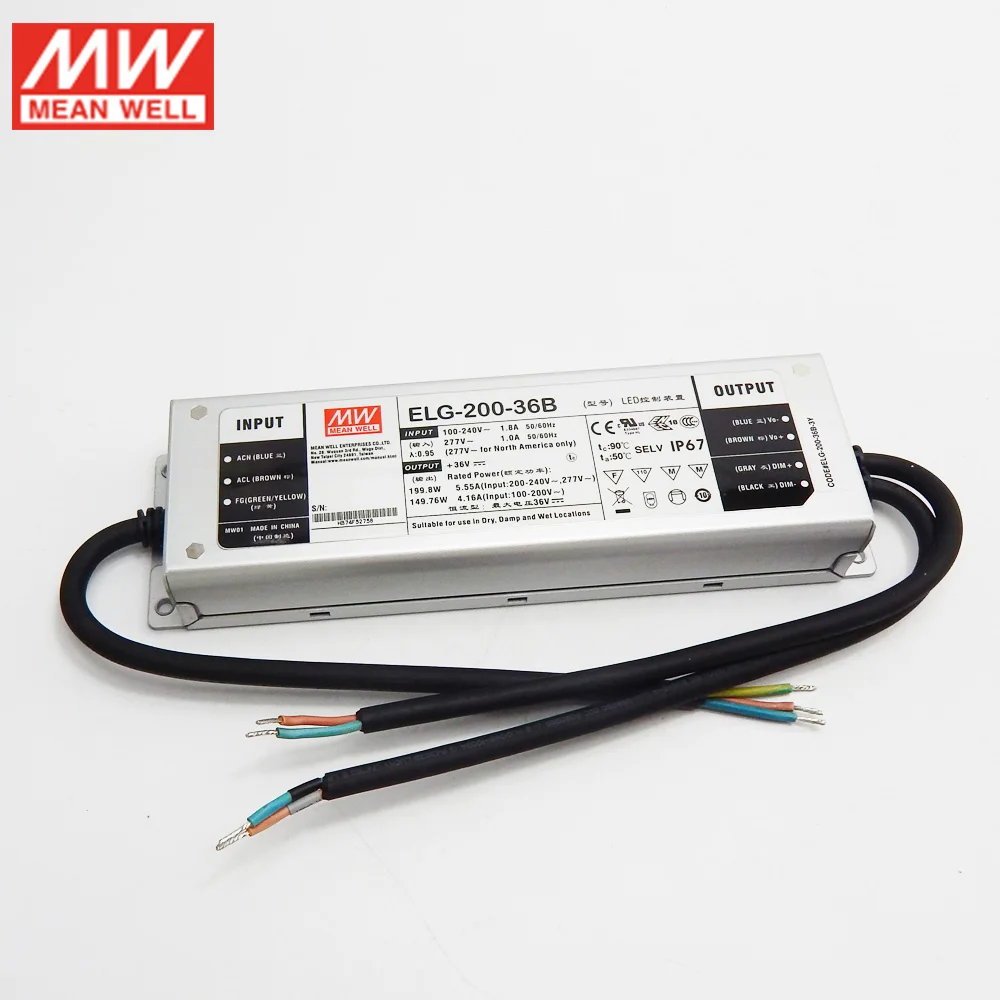 MEAN WELL ELG-200-36B-3Y 200 Вт 5.55A 36 В Диммируемый Светодиодный источник питания 110 В/220 В переменного тока до 36 В постоянного тока 200 Вт водонепроницаемый IP67 Светодиодный трансформатор