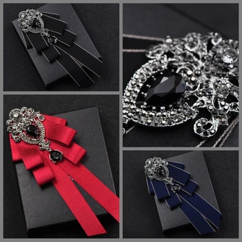 

Fashion Handmade Long Ribbon Bow Tie Brooch Rhinestones Bowknot Necktie Collar Wedding Luxulry Jewelry Gifts for Men Accessories