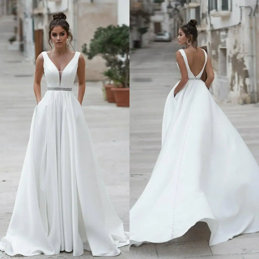 

2019 Backless Beach Wedding Dress with Pockets V Neck Beaded Sash Satin Bridal Gowns Sexy Vestido De Novia