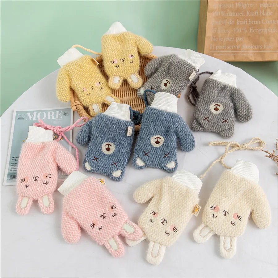 

New cartoon bear children knitted mittens to keep warm in winter Children gloves hanging neck woolen gloves