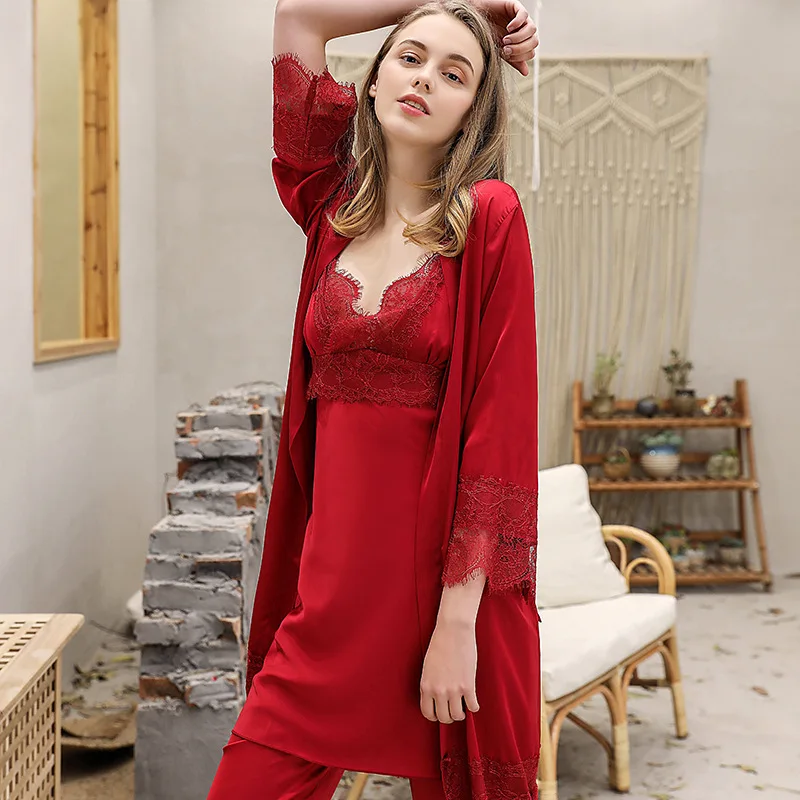 

Spring Autumn Women's Pajamas 3 Piece Set Silk Camis Trousers Robe Lace Nightdress Stitching Lace High-end Nightgown Ladies