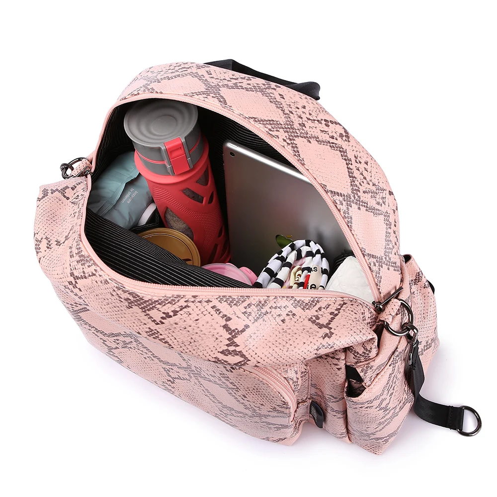 Diaper Backpack for Mothers Waterproof Multi-function Stroller with Straps Pink Snake Print Stylish