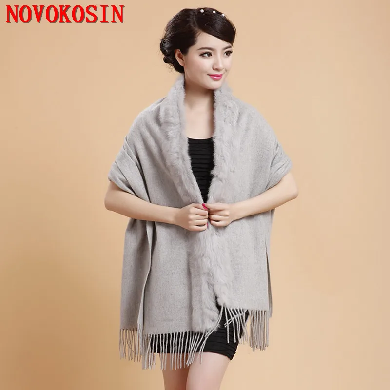 

SC383 2019 Winter Lady Wool Cashmere Cardigan Big Bufanda 70*200cm Shawl Women Rex Rabbit Fur Collar Warm Scarf Tassel Cape