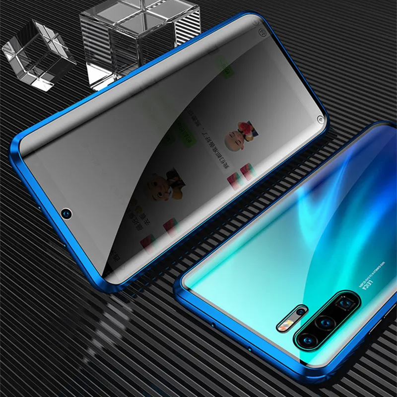 Конфиденциальности закаленное Стекло Магнитный чехол для huawei P30 Pro P20 против подглядывания магнит металлический бампер для huawei P30 P20 Pro - Цвет: Blue