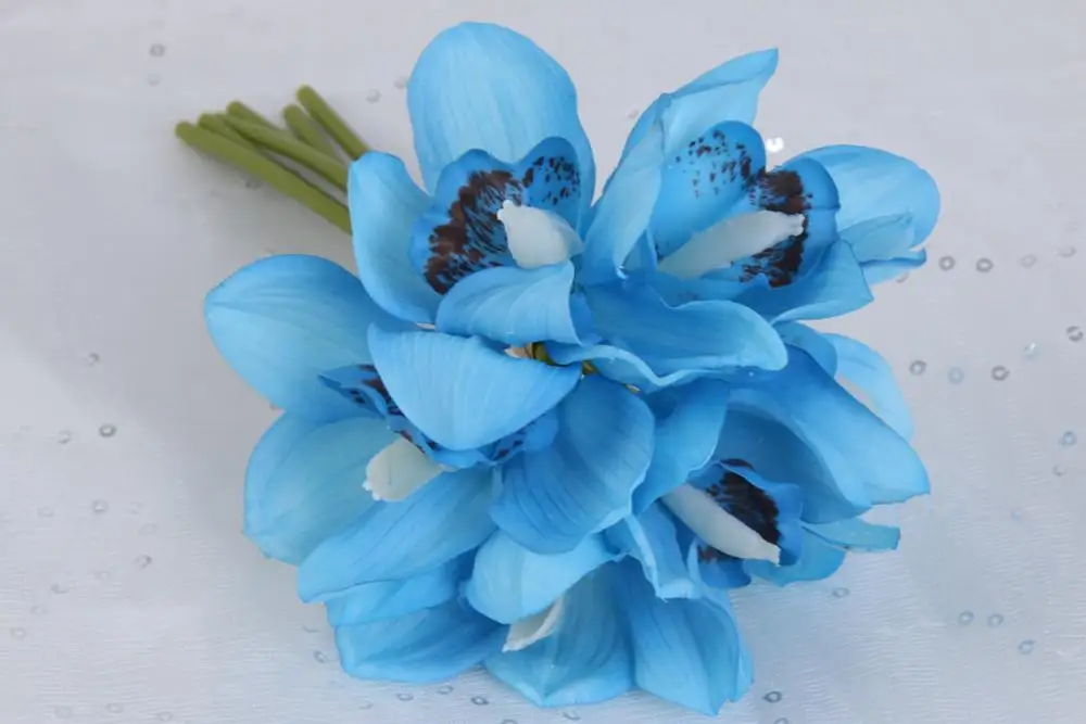 Blue Йо Чо 6 головок Орхидея Свадебный букет цветов Искусственный Орхидея Свадебный букет для невесты подружек невесты Флорес Mariage аксессуары - Цвет: Blue