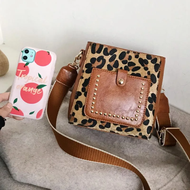 

Women Handbag Leather Shoulder Bag Female Bucket Crossbody Bags Female Messenger Bags Leopard Rivets Casual ladies Hand bags