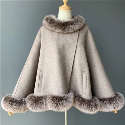 Khaki MAOMAOFUR кашемировое пальто натуральный Лисий мех воротник плащ Женская Осенняя мода оверсайз одежда цвета хаки женский шерстяной плащ - Цвет: Khaki